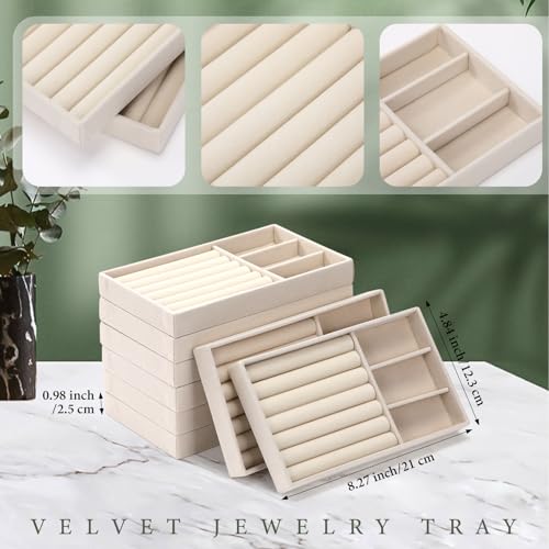 Highergo 8 Pcs Velvet Jewelry Trays Stackable Drawers Organizer Ring Earring Bracelet Necklace Storage Trays, 8.3x4.7x1''(3 Grids,7 Slots) - style: 3 Grids,7 Slots