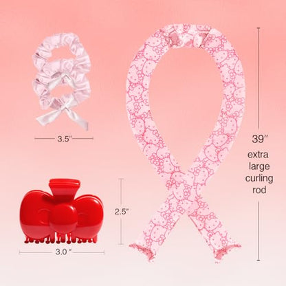 Hello Kitty x Kitsch XL Satin Heatless Curling Set- Heatless Hair Curler To Sleep In for Frizz-Free & Soft Curls, Comes with Bow Shape Design Hair Claw and Satin Scrunchies, Gifts for Women, 4pc Set - color: Pink Kitty Faces