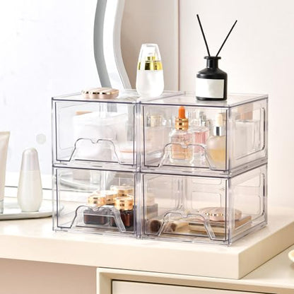 Stebopum 8 Pack Stackable Makeup Organizer, 4.4'' Tall Acrylic Bathroom Makeup Organizer and Storage Drawer with Pull-out Handle, Clear Plastic Storage Bins for Vanity,Pantry,Desk,Undersink,Kitchen - style: 8pack Small