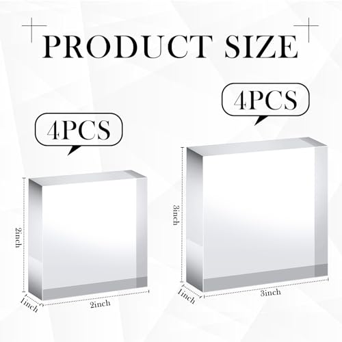 Vicenpal 8 Pcs Acrylic Square Display Block Clear Polished Cube Jewelry Stand Solid Acrylic Pedestal Stand Crystal Ring Showcase Holder Display Base for Riser(3 x 3 x 1 Inch, 2 x 2 x 1 Inch) - size: 3 x 3 x 1 Inch, 2 x 2 x 1 Inch