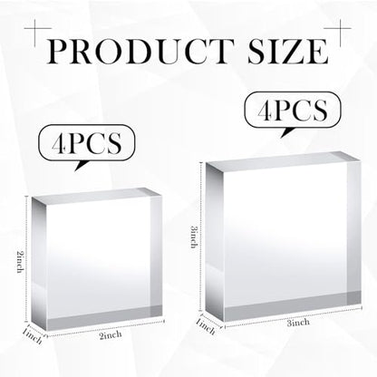 Vicenpal 8 Pcs Acrylic Square Display Block Clear Polished Cube Jewelry Stand Solid Acrylic Pedestal Stand Crystal Ring Showcase Holder Display Base for Riser(3 x 3 x 1 Inch, 2 x 2 x 1 Inch) - size: 3 x 3 x 1 Inch, 2 x 2 x 1 Inch