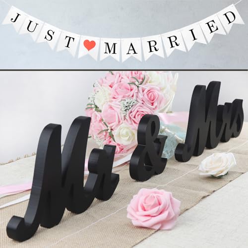 Mr & Mrs Wooden Freestanding Letters for Photo Props, Rustic Decoration, Anniversary & Wedding Shower Gift (Black + Banner) - color: Black with banner