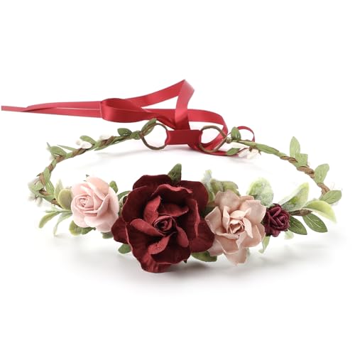 Flower Crown for Girls Floral Headpieces Kids Headband Wedding Halo Hair Pieces Children Hair Wreath Photo Prop (Burgundy-Child Size) - color: Burgundy