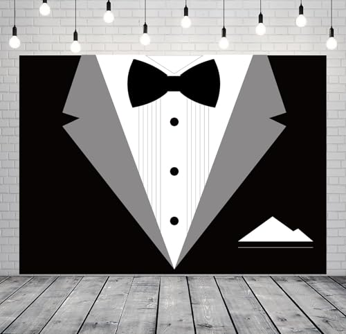 BELECO 8x6ft Fabric Gentleman Tuxedo Backdrop Black and White Bow Tie Suit Background Luxury Birthday Dinner Party Decor Banner Boy Men Father Bridegroom Photoshoot Studio Booth Props - size: 8x6FT