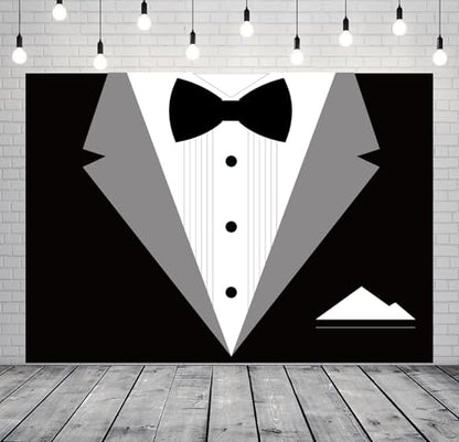BELECO 8x6ft Fabric Gentleman Tuxedo Backdrop Black and White Bow Tie Suit Background Luxury Birthday Dinner Party Decor Banner Boy Men Father Bridegroom Photoshoot Studio Booth Props - size: 8x6FT