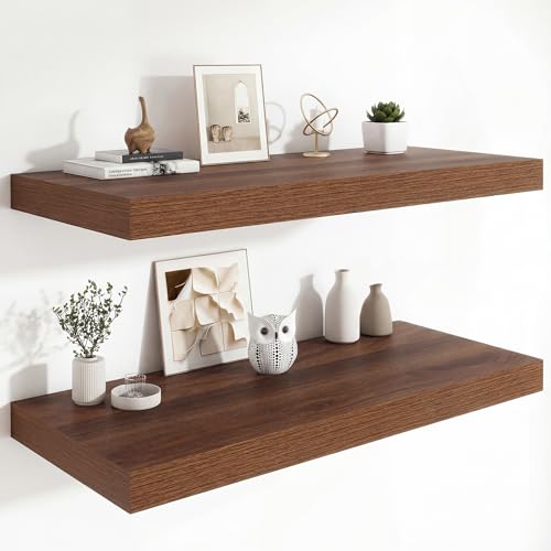 Heimlove 12" Deep Floating Shelves, 36 x 12 Inch Wall Mounted Long Floating Shelf with Invisible Brackets, for Home Decor, Bedroom, Kitchen, Living Room, Bathroom - 2 Pack, Walnut - color: Walnut, size: 36"W x 12"D x 2"H, Set of 2