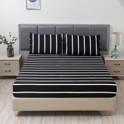 MAG 3pcs Striped Full Bed Sheet,Black and White Pattern Microfiber Bedding Sheet Set,Hotel Quality Sheets with1 Fitted Sheet and 2 Pillowcases,14 Inches Deep (Black and White, Full) - color: Striped, size: Full
