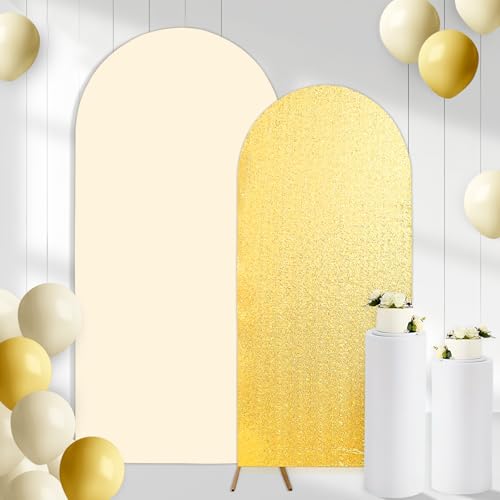 2PCS Arch Backdrop Covers Glitter Gold Cream (7.2ft+6ft), 2 Sided Spandex Fitted Arch Stand Covers Background for Wedding Baby Shower Birthday Bridal Shower Party Decorations(Only Covers) - color: Cream & Gold, size: 7.2FT/6FT
