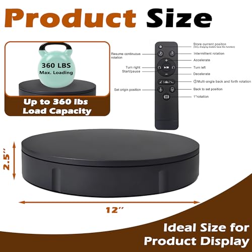 PROLEE Rotating Platform 12Inch/360lbs Capacity, 360 Degree Rotating Display Stand, Rotating Turntable for Photography, Remote Motorized Electric Turntable with 5 Colour Surface Covers and Carry Bag - color: Black