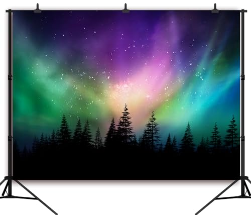 12x8 FT Colorful Northern Lights Backdrop Canadian Forest Aurora Borealis Night Sky Photography Background Pine Forest Northern Lights Wall Art Backdrop Home Decor Photo Booth Studio Props - size: 12x8 FT