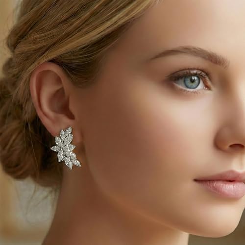 Mariell Clip-On Cubic Zirconia Crystal Bridal Earrings, Marquise Shape CZ Curved Clusters, Women Earrings for Wedding, Bridesmaids, Homecoming, Mother of the Bride - color: Silver