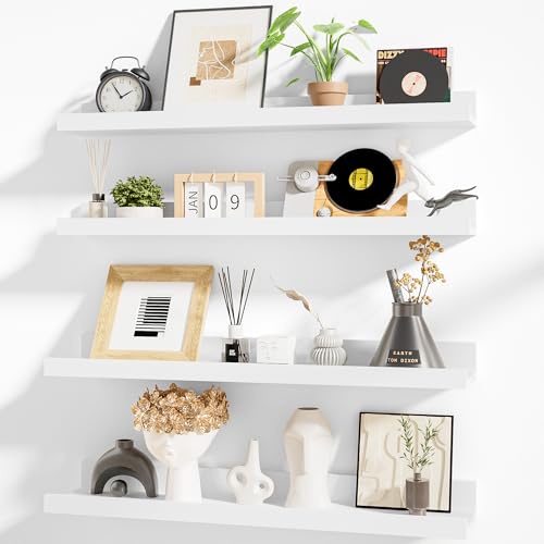 Heimlove Picture Ledge Shelf,24 inch Long Floating Shelves for Wall Set of 4,White Picture Shelf with Lip for Wall Decor,Living Room,Bedroom,Bookshelf,Nursery,Perfume - color: White, size: 24'', Set of 4