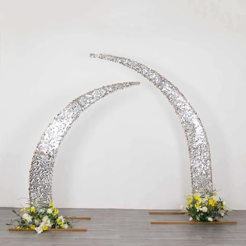Efavormart 2 Pack Silver Big Payette Sequin Crescent Moon Arch Covers, Shimmering Double-Sided Fabric Backdrop Sleeves for 6.5ft and 8ft Curved Stands - color: Silver, size: Sequin Cover - 6.5ft & 8ft