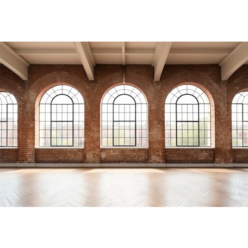 Large Empty Room Backdrop Concrete Walls Wooden Floor with Big Arched Windows Photography Background Empty Loft Style with Brick Wall Photography Decorations Photo Booth Shoot Studio Props 5x3ft - color: Red_Brown, size: 5x3ft