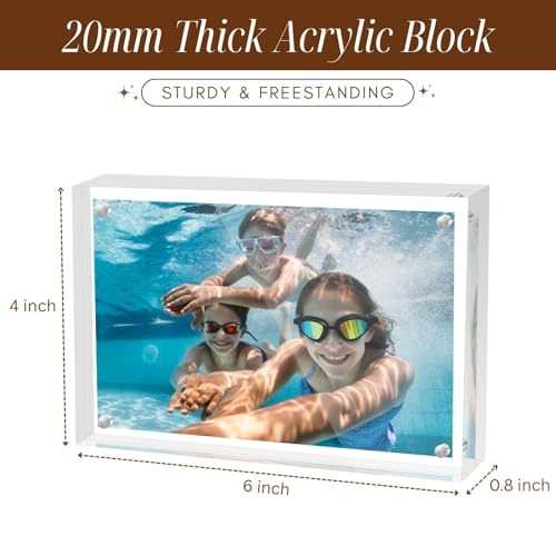 CATIFLIN 4x6 Magnetic Acrylic Frames 2 Pack, Double Sided Clear Frameless Picture Frame Blocks, 20mm Thick Photo Frames Free Standing Display for Family Photos, Certificates, Office, Artwork - size: 4X6
