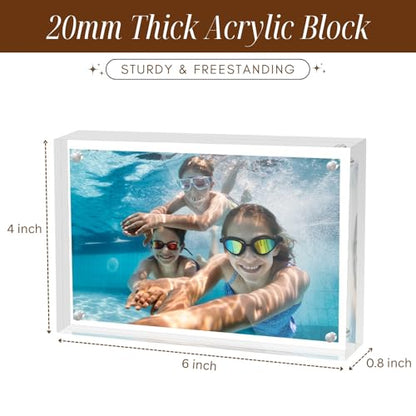 CATIFLIN 4x6 Magnetic Acrylic Frames 2 Pack, Double Sided Clear Frameless Picture Frame Blocks, 20mm Thick Photo Frames Free Standing Display for Family Photos, Certificates, Office, Artwork - size: 4X6