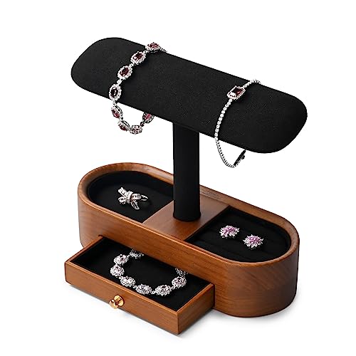 Oirlv Solid Wood Watch Stand with Drawer T-bar Watch Holder Organizer for Men and Women Showcase Bracelet Bangle Jewelry Display Stand Rings Earrings Necklace Storage(Drawer,Black) - color: Black, size: Option 2 with drawer