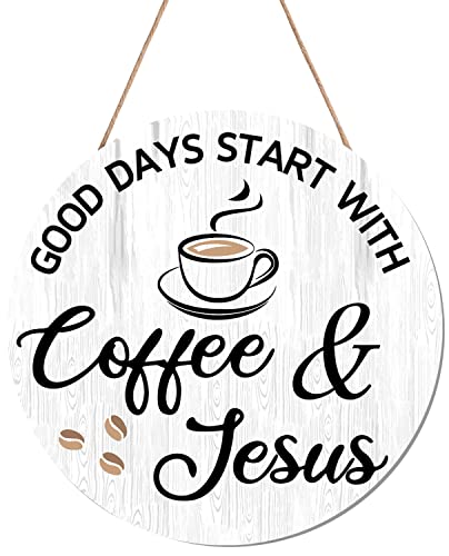 HMASYO Coffee Signs Wall Decor, Good Days Start with Coffee & Jesus, 12'' x 12'' Farmhouse Wood Signs Bar Decor for Home, Kitchen, Office, Cafe, Lover Gift - color: Good Days Start with Coffee & Jesus-White