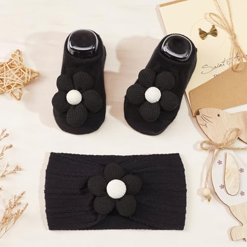 CÉLLOT Baby Girl Headband and Socks, Non-Slip Floral Socks and Soft Floral Nylon Hairbands for Babies Infants and Toddlers(White,Blue,Black) - color: White+Blue+Black