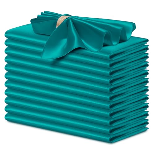 P Pothuiny 12 Pcs Silky Teal Satin Napkins 17 x 17 Inches, Square Smooth Wedding Dinner Napkins Satin Cloth Napkins Table Napkins for Banquet Party Restaurant Decor, Thanksgiving, Christmas - color: Teal