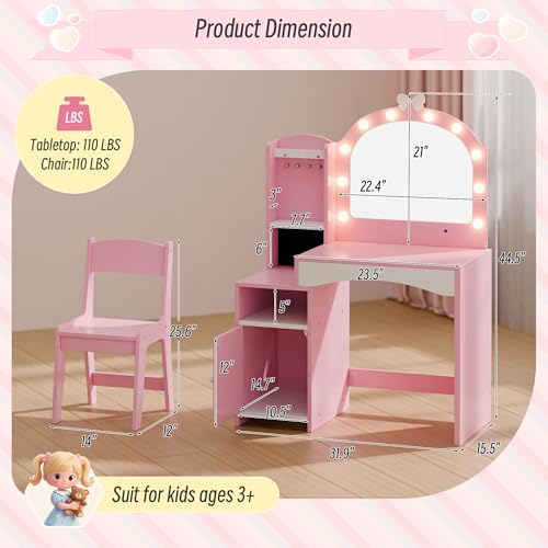 Girls Vanity Table and Chair Set, Kids Vanity with Jewelry Organizer for Princess, Toddler Makeup Vanity Desk with Open Shelf, Closed Cabinet and Butterfly Pattern, Pink - color: Pink