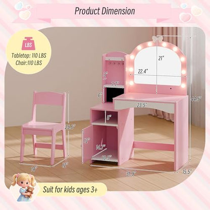 Girls Vanity Table and Chair Set, Kids Vanity with Jewelry Organizer for Princess, Toddler Makeup Vanity Desk with Open Shelf, Closed Cabinet and Butterfly Pattern, Pink - color: Pink
