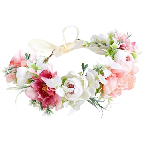 Women Flower Crown Bridal Floral Headband Flower Halo Floral Crown Wedding Party Cosplay Halloween Photos - color: beige and pink