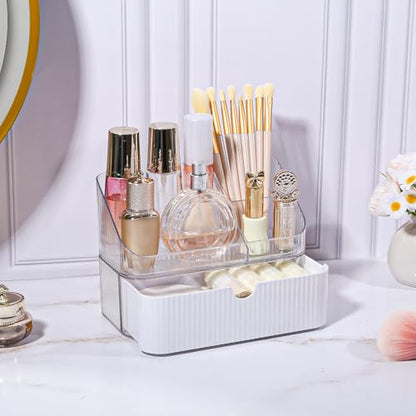 DASITON Makeup Organizer with Drawers, 2 Tier Stackable Organizer for Cosmetics, Skincare, Lipsticks, Makeup Brush, Acrylic Small Makeup Organizers for Vanity Bathroom Countertop Desk Storage (White)