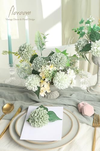 Floroom Artificial Dahlia Flowers 25pcs Real Looking Sage Green & Mint Green Foam Fake Roses with Stems for DIY Wedding Bouquets Bridal Shower Centerpieces Floral Arrangements Party Tables Decoration - color: Sage Green & Mint Green