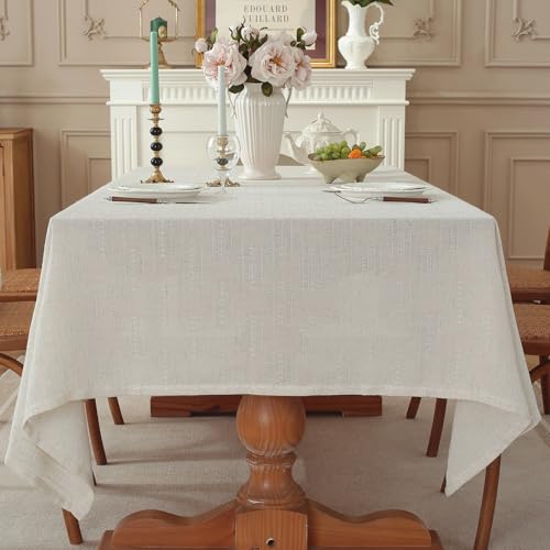 Natural Linen Cottton Tablecloth Rectangle, Rustic Elegant Tablecloth, Textured Jacquard Neutral Fabric, Washable Table Cover for for Dining Table Farmhouse Kitchen Party (Vertical-Weave, 70" x 55" ) - color: Rustic Vertical-weave, size: 70" x 55" (Rectan