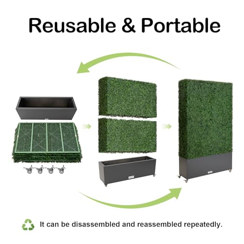 Artificial Boxwood Hedge Wall with Dark Grey Planter Box and Wheels, Greenery Fake Faux Grass Panels Backdrop Divider 48" WX81 HX14 D - size: 48"WX81"HX14"D