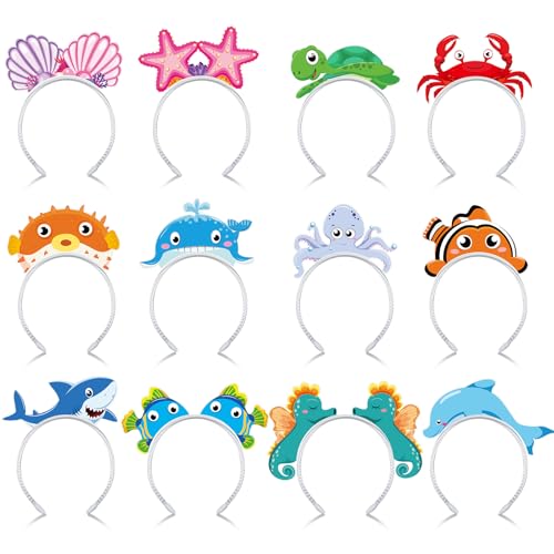 Blosssound 12 Pcs Sea Animal Headbands Ocean Party Favor Gift Under The Sea Paper Headand Ocean Animals Headwear for Beach Summer Costume Accessories Birthday Photo Prop Decoration Supplies - style: Sea Animal
