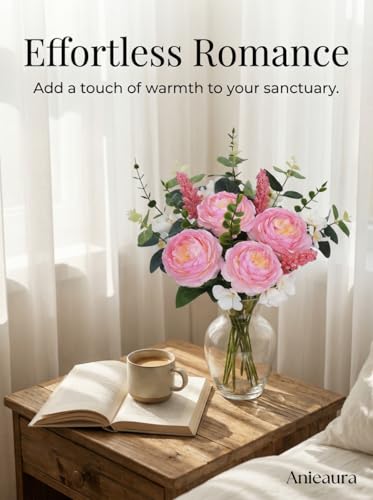 17PCS Artificial Pink Peony Flower Bouquet, Faux Spring Silk Floral Arrangements Peonies Cemetery Flowers Bouquets with Fake Stems for Vase, Wedding, Party, Grave, Table Centerpieces