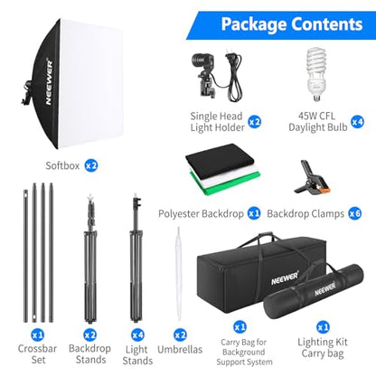 NEEWER Photography Lighting kit with Backdrops, 8.5x10ft Backdrop Stands, UL Certified 5700K 800W Equivalent 24W LED Umbrella Softbox Continuous Lighting, Photo Studio Equipment for Photo Video Shoot - style: NK100