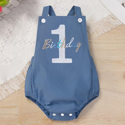 IMEKIS Baby Girls Boys Boho 1st Birthday Outfit Backless Overalls Romper for Cake Smash Photo Shoot - color: Dark Blue 1 Birthday, size: 9-12 Months