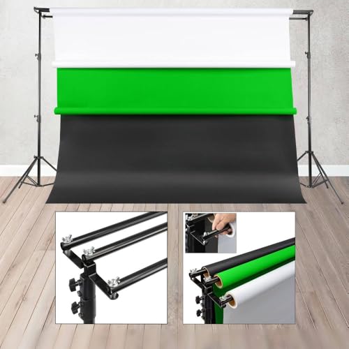 Raya Triple Crossbar Background System – Supports up to 3 Seamless Paper Rolls, Holds 9.8 ft Wide Backdrops, Adjustable 9.2 ft Height, Aluminum, 12 lb Capacity per Crossbar