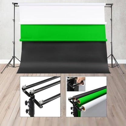 Raya Triple Crossbar Background System – Supports up to 3 Seamless Paper Rolls, Holds 9.8 ft Wide Backdrops, Adjustable 9.2 ft Height, Aluminum, 12 lb Capacity per Crossbar
