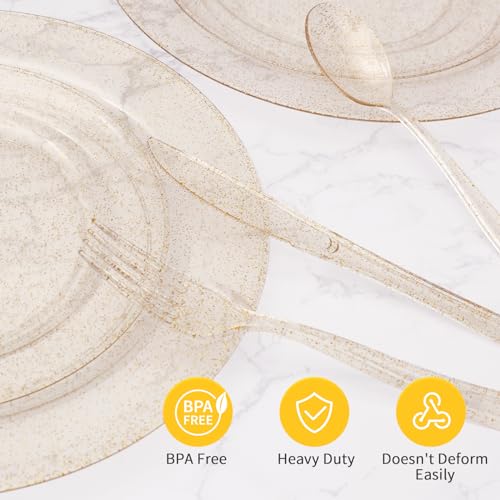 Goodluck 100 Pack Pre Rolled Gold Glitter Plastic Silverware, Wrapped Cutlery Set with Napkin Include 100 Forks, 100 Knives, 100 Spoons and 100 Napkins, Fancy Disposable Silverware for Party, Wedding - size: 100pc, style: Gold Glitter