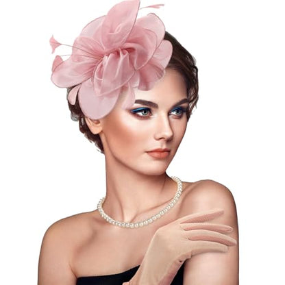 Fascinators Hats with Gloves Set for Women 20s 50s Cocktail Tea Party Wedding Costume Headwear - color: 03-dusty Pink