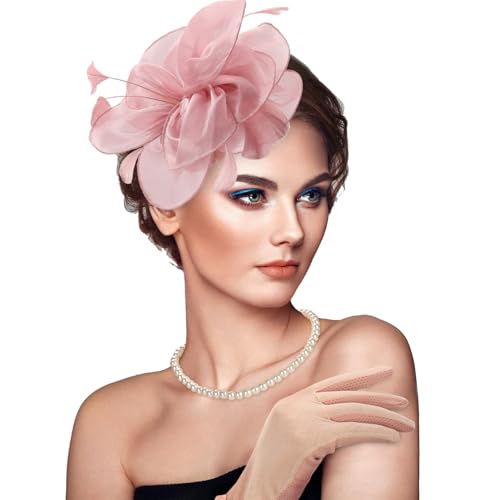 Fascinators Hats with Gloves Set for Women 20s 50s Cocktail Tea Party Wedding Costume Headwear - color: 03-dusty Pink