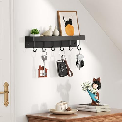 niffgaff Black Key Holder Wall Mount, Stainless Steel Self Adhesive Hooks Rack with Shelf, No Drill Key Hanger for Door and Wall - color: Black