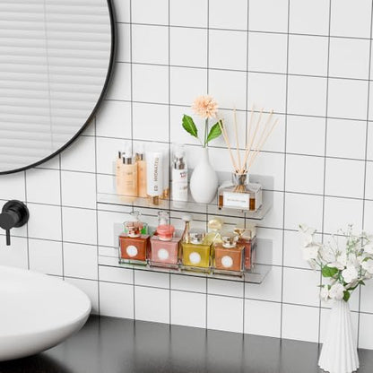 2 Pack Clear Acrylic Shelves for Wall with Adhesive,15 Inch No Drill Floating Shelves for Bathroom,Bedroom,Renter Friendly,Kids Room Bookshelf,Wall Display Shelf for Lego,Funko Pop,Figurine,Perfume - size: 15 Inch - 2 Pack