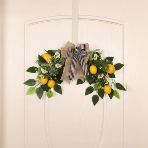 MANMAOHE Flower Swag Artificial Lemon Swag 22In Spring/Summer Wreath Fruit Wreath Garland with Ribbon Daisy and Eucalyptus Leaves for Wedding Home Party Wall Decor