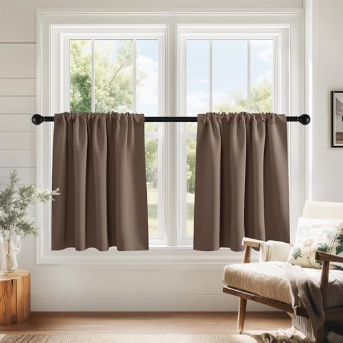 PONY DANCE Blackout Short Cafe Curtains for Bathroom - Light Block Privacy Drapes for Kitchen,Bedroom Window Decor, W 29 x L 24, Mocha, 1 Pair - color: Mocha, size: 29"W x 24"L (Pack of 2)