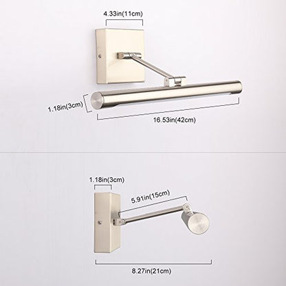 Joosenhouse Single Arm LED Picture Lights 16.53 Inch, Full Metal Artwork Lamp with Rotatable Sconces Lamp Head, 7W (45W Eqv.), Hardwired Connection, 3000K Warm White 560Lm, Brushed Nickel Finish… - color: Nickel, size: Non-Dimmable 16.53" Long