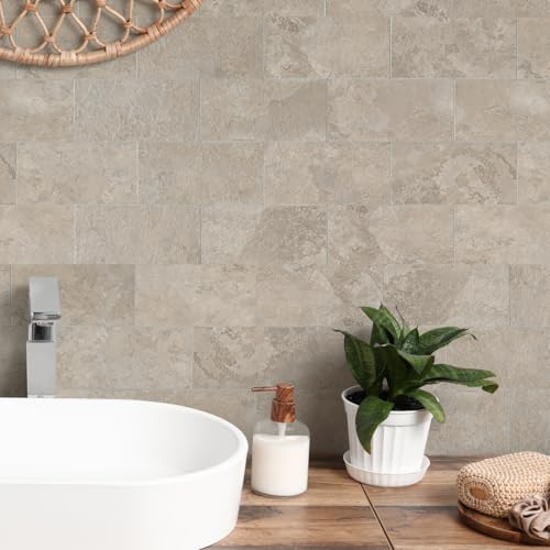 10 Sheet Stone Beige Peel and Stick Backsplash, 12’’Luxury Ceramic Look Self Stick Subway Tiles, Waterproof Peel and Stick Wall Tiles for Kitchen and Bathrrom - color: Stone Beige