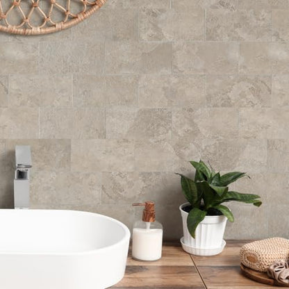 10 Sheet Stone Beige Peel and Stick Backsplash, 12’’Luxury Ceramic Look Self Stick Subway Tiles, Waterproof Peel and Stick Wall Tiles for Kitchen and Bathrrom - color: Stone Beige