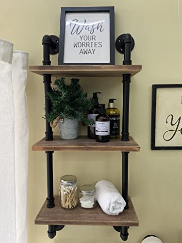ROGMARS Industrial Pipe Shelving Solid Wood Floating Bathroom Shelves Wall Mounted Ladder Bookshelf for Living Room Wall Decor and Storage 15 inch (3 Tier) - color: Rustic Brown, size: 15 inch 3 tier