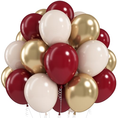 Jobkoo Burgundy Gold Balloons 60 PCS Dark Red Wine White Sand Beige Latex Balloon Maroon Wine Red Metallic Balloons for Women Birthday Baby Shower Wedding Bachelorette Graduation Party Decorations - color: Red Gold Beige
