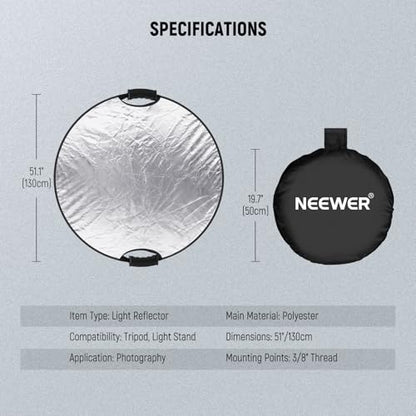 NEEWER 51"/130cm Light Reflector with Handle Grip & 3/8" Thread, 5 in 1 Foldable Disc Light Diffuser Translucent/Silver/Gold/White/Black for Photography Lighting, Outdoor Lighting, RF-130II - style: 130cm